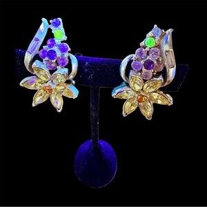 Vintage Spring Coro Uranium Glass Rhinestone Floral Earrings Gold Tone Clip On